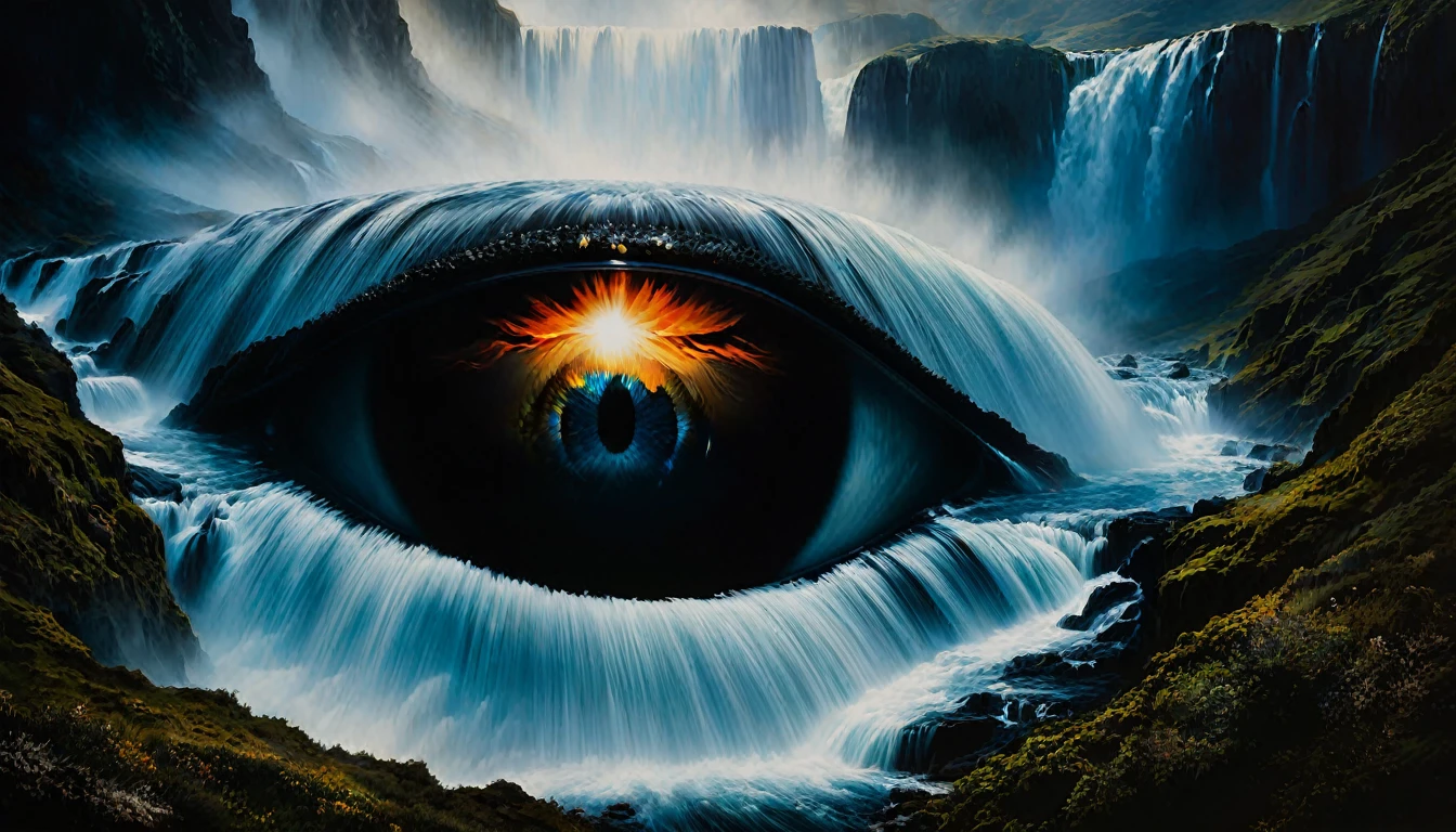 Devil's Eye imagination double exposition art paysager fantastique sombre, éclairage d'accentuation avec lumière soufflée, insane and complex details, bel oeil effrayant, superb detail of the oil painting, waterfall, nature, beautiful life