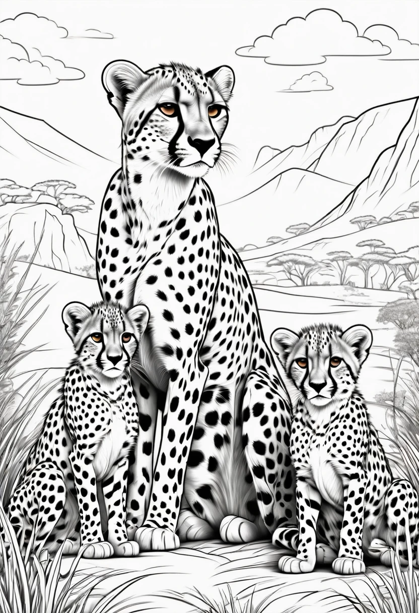 Coloring page for kids, cheetah with 2 cheetah cubs in the grassy highlands of Africa with many bushes, cartoon style, linhas grossas