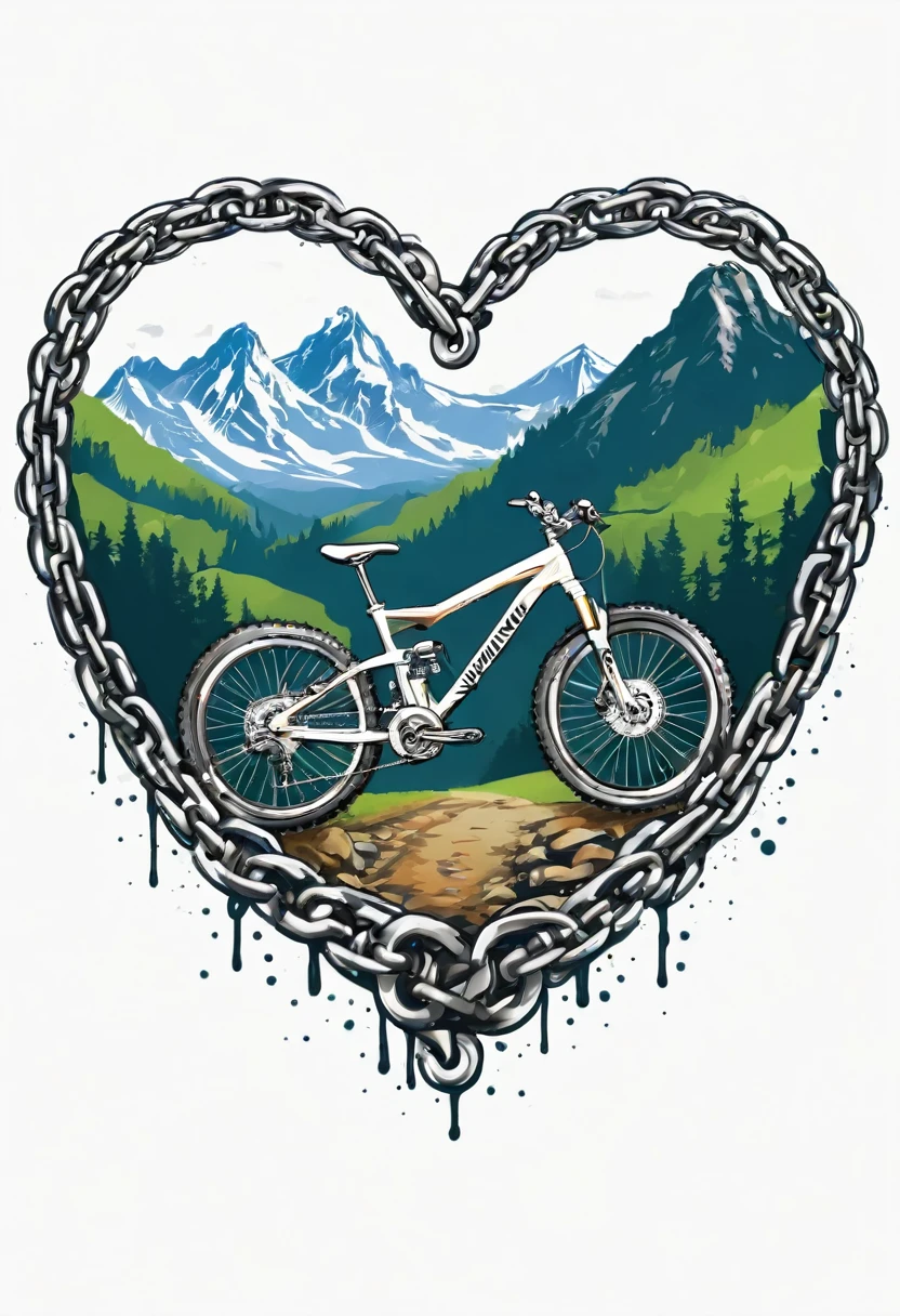 T-shirt design, a chain heart-shaped, mountain bike, text logo: MOUNTAINVIKING, white background