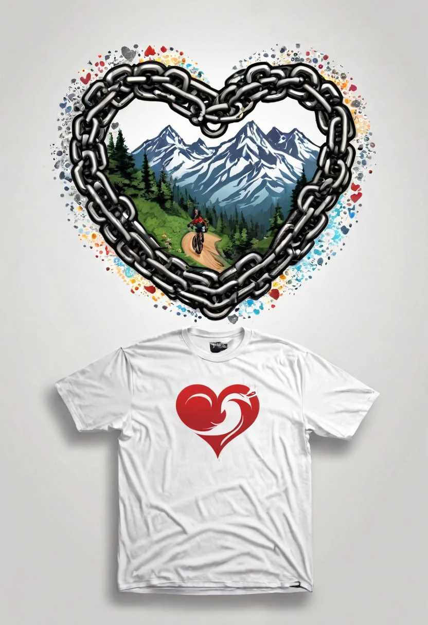 T-shirt design, a chain heart-shaped, mountain bike, text logo: MOUNTAINVIKING, white background