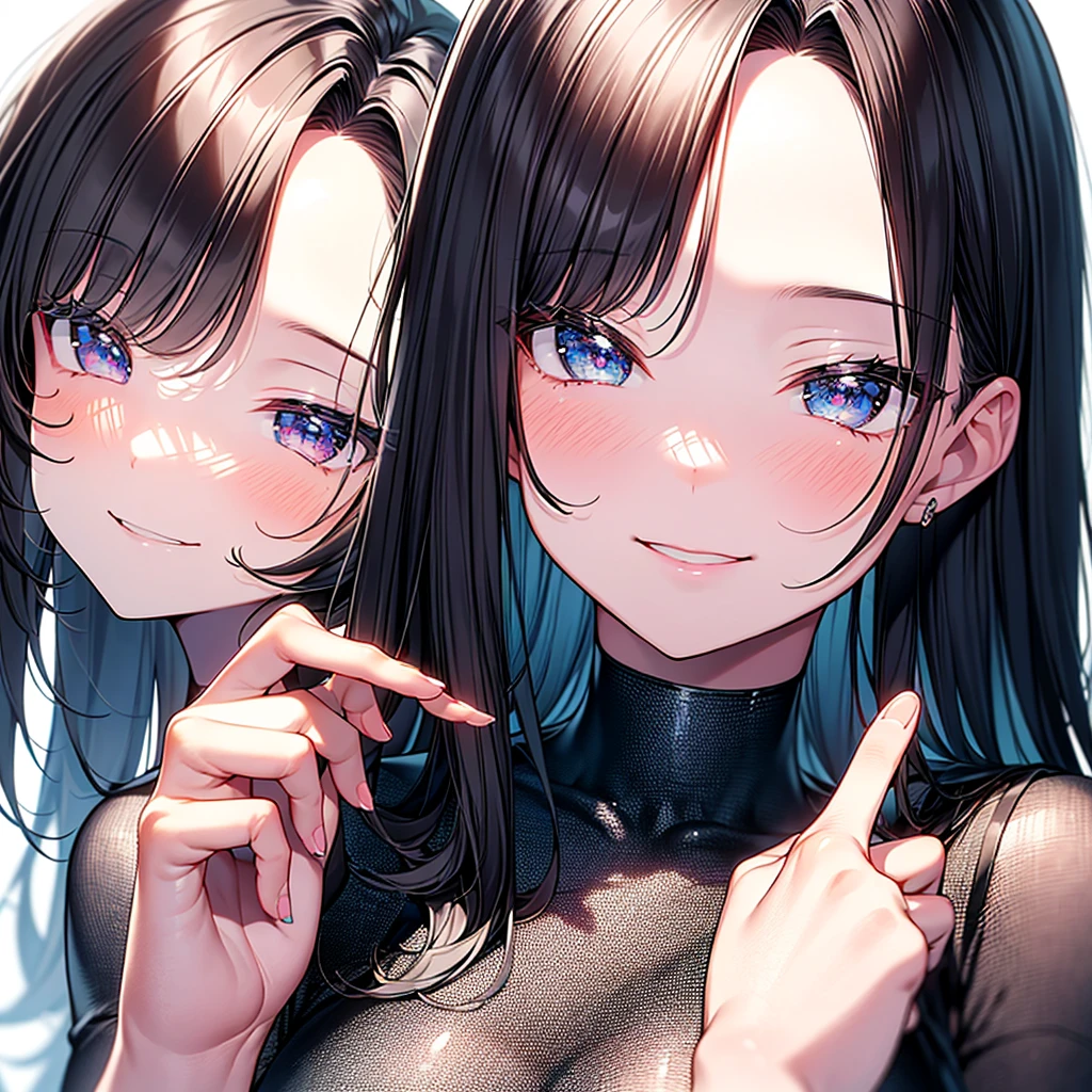finger to mouth, ((masterpiece, best quality, ultra detailed face)) 1 girl, cute, beautiful, perfect fingers, smile, black hair, long hair, portrait, heart, white background, sweater, 