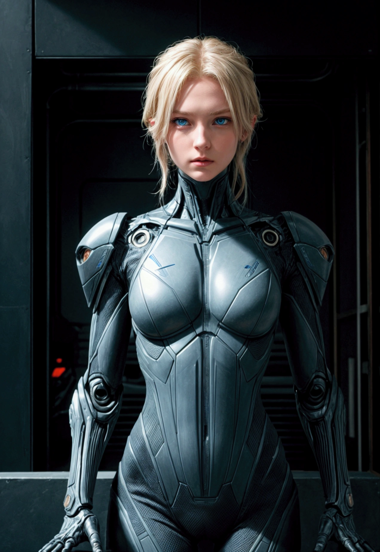 Alien biomechanics in a stealth suit,, Blonde, blue eyes, masterpiece, is attractive, looking at the audience