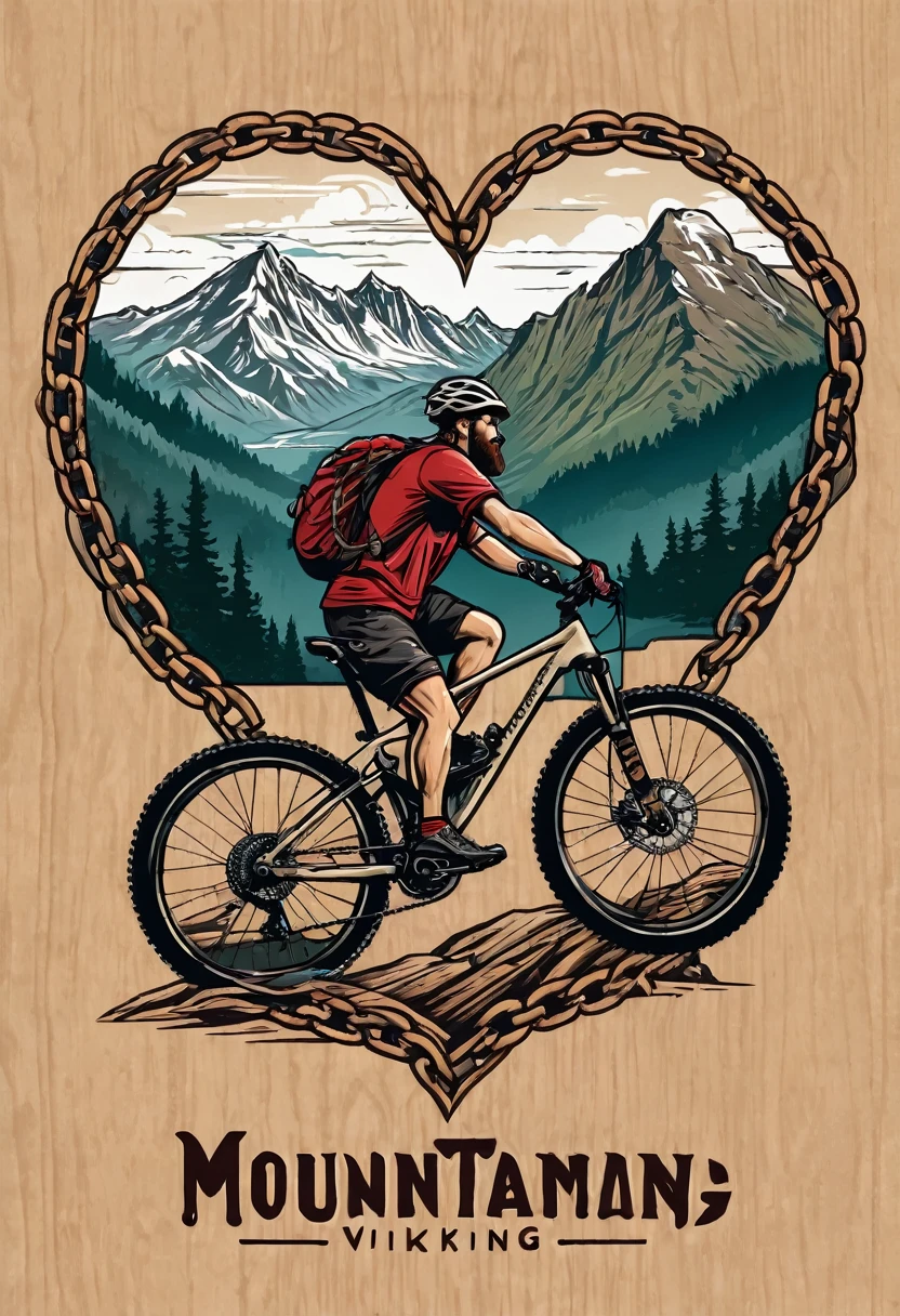 T-shirt design, logo design with a heart-shaped chain, mountain bike, text logo:MOUNTAINVIKING, with mountains in the background, by Meredith Dillman, wood, beautiful, immaculately detailed, profile picture, by Joe Bowler
