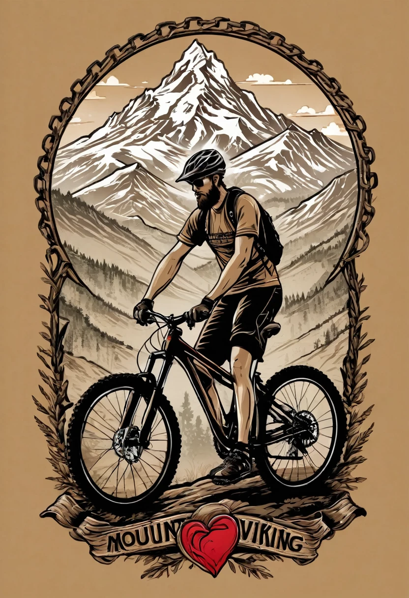 T-shirt design, logo design with a heart-shaped chain, mountain bike, text logo:MOUNTAINVIKING, with mountains in the background, by Meredith Dillman, wood, beautiful, immaculately detailed, profile picture, by Joe Bowler