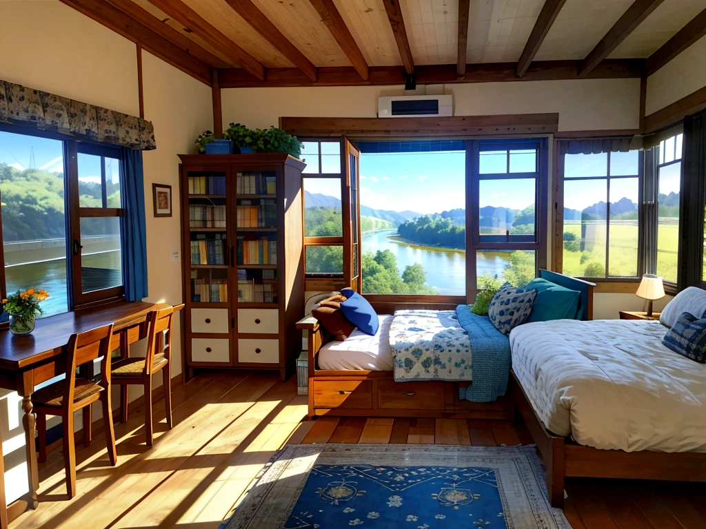 8K picture quality,Best quality,masterpiece,HD,Super rich detail,detailed,Comfortable bedroom,Large Windows,Floor-to-ceiling windows,Lots of sunshine,big bed,There are pillows on the bed,Quilt,Essas roupas,notebook,There is a cabinet next to it,There are bookcases,There is a table,There are chairs,There are flowers,There is a wardrobe,There was a sofa,There are carpets,There are many books,Overall very comfortable,extremely clean,very useful,Large Windows,The scenery outside the window is a river, a lake, a big river, a stream, a lot of water,There are various other flowers,and vegetable garden,There are a variety of vegetables inside,超HD真实感,Live photos,The overall color is mainly blue-green,Strong realism
