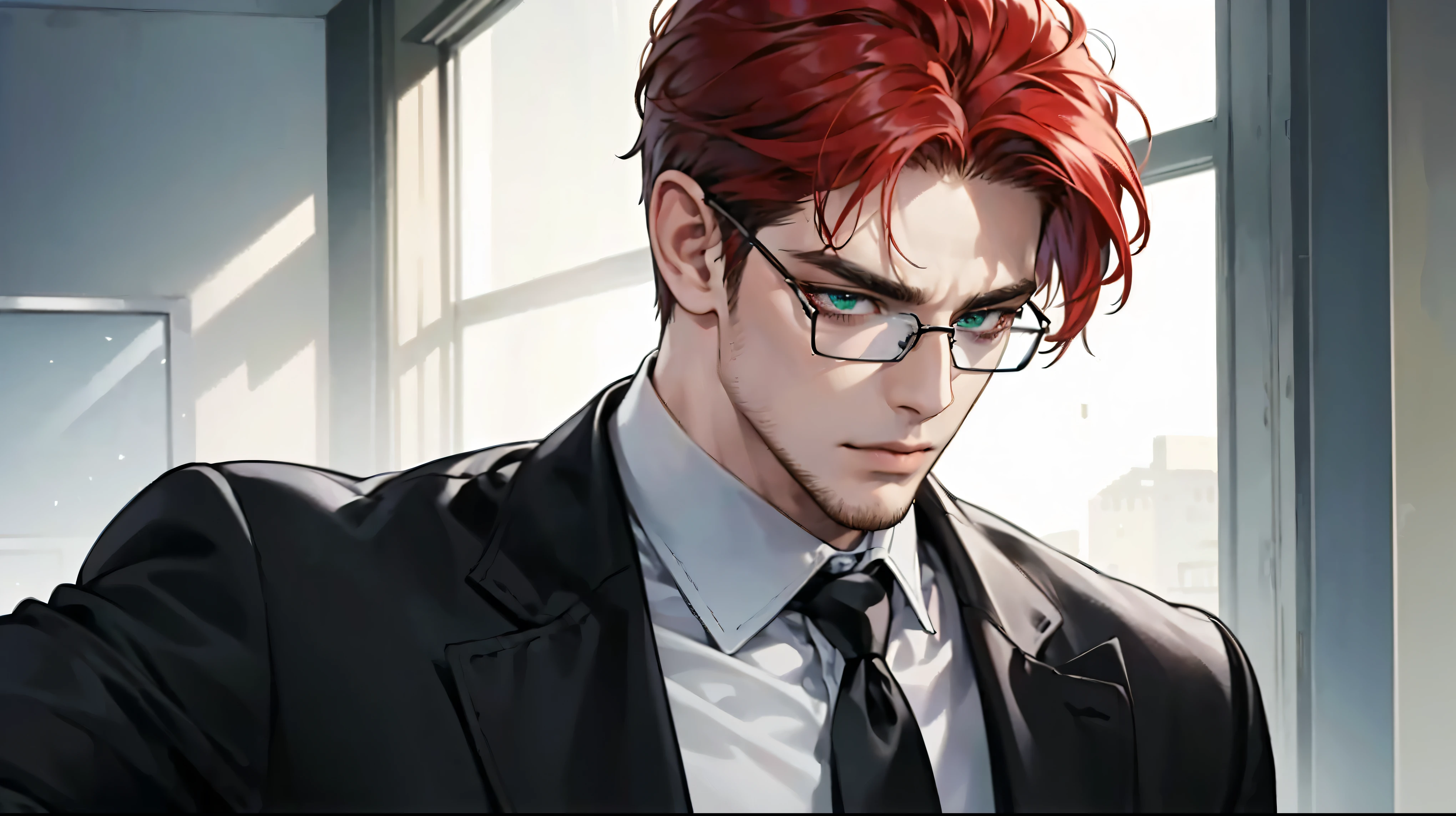 (Best quality detailed image Beautiful image Spectacular photorealistic lighting 8K 1:1) (digital art digital illustration) (camera focused on face) (cool colors dim lighting) Art Manhwa 29-year-old cold man, very handsome red hair with back style., elegant clothes green eyes (penetrating gaze cold expression perfect face perfect lines) maestro, university, classroom, ((black glasses)), handsome teacher, serious and cold look, ((Male square face)), short beard, Sweater and smart dress shirt.,