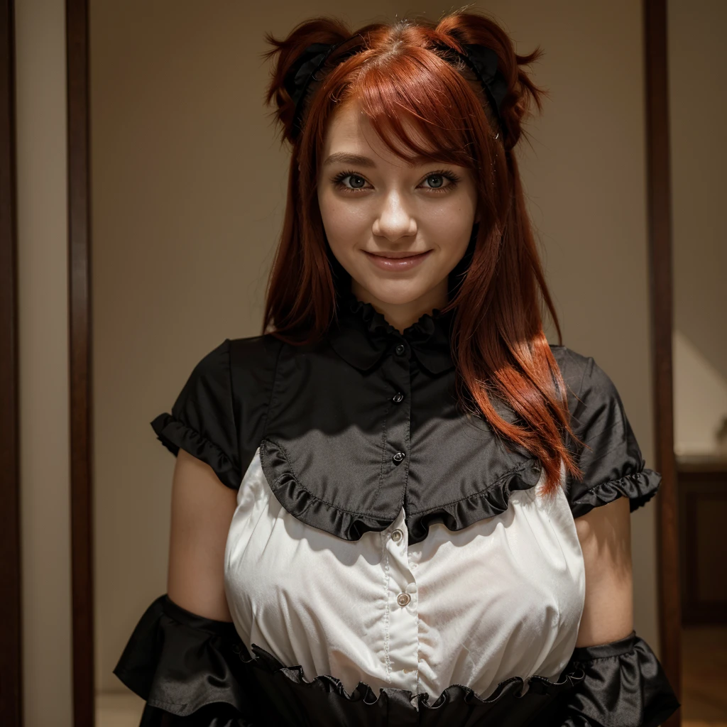 top quality, masterpiece, black fur, Red eyes, seeking out, Upper part of the body, kawaii, Ruffled shirt, smile,Red hair