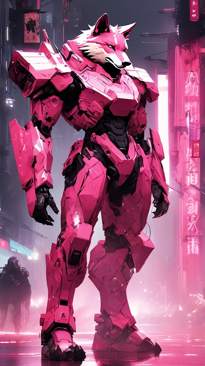 a wolf in the dark, mecha, sci-fi armor, matte pink angular armor, Blade Runner 2049, pink style, pink fur, anime style, furry