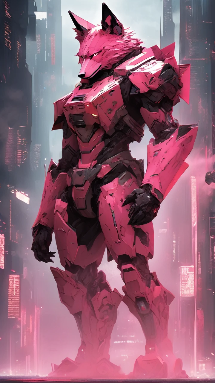 a wolf in the dark, mecha, sci-fi armor, matte pink angular armor, Blade Runner 2049, pink style, pink fur, anime style, furry