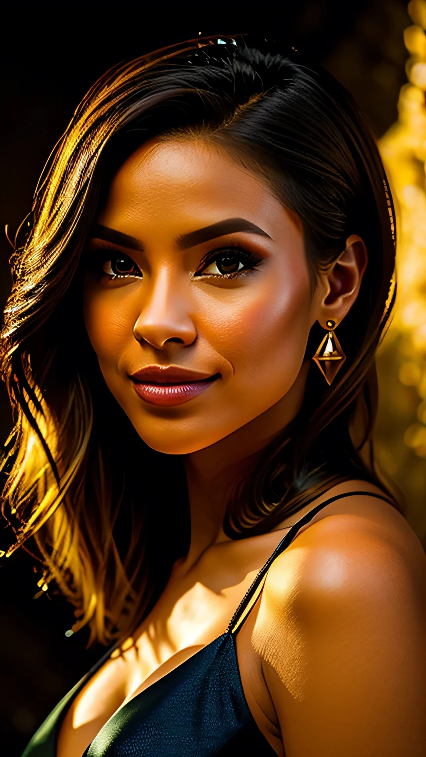 Studio Lighting,(Portraiture),(Vibrant colors),(Warm tones),(Soft and subdued lighting),(Sharp focus), A stunning face, A confident and provocative smile,Mysterious atmosphere,dark and rough々New cave background, big , Decorative Assassin&#39;gear,Fierce and powerful stance,Shining Jewelry,Dramatic lighting to accentuate facial features,Subtle makeup,Faint signs of smoke or fog,Nighttime Settings,Faint moonlight shining in the background illuminates the scene..､masterpiece, 最high quality, high quality, High resolution, ((stop temporarily＿random))､Dark cave background,Black Garter Set､Rear view､