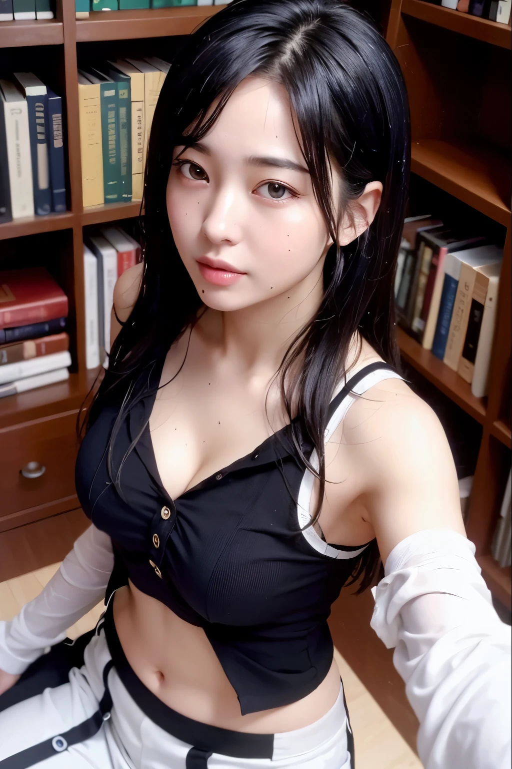 ((Highest quality, 8k, masterpiece: 1.3)),Beautiful Japanese Woman, Highly detailed face,、Keep your eyes focused, Nose and mouth,Face Focus, 18 ~ Random age up to 35,Black-haired、Glowing Skin、(My tongue is wet and shiny) ((Wet tongue)) ((Berokisu)),In front of the bookshelves in the library,((Top View))、Lightweight shirt、Open all previous buttons、Shoulder Bare、Cleavage、Very good、belly button、Sweaty、blush:2.0、In front of the bookshelves in the library,((Cameraman's thick penis 1、She grabs and sucks the cameraman's thick penis:2.0、handjob))
