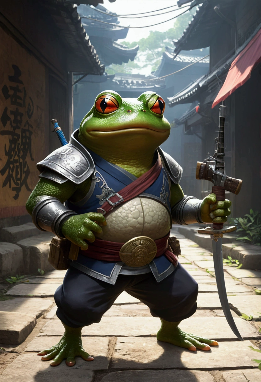 Ghibli　Rob Gonsalves/World of Warcraft/Cuphead&#39;s art style, vector, graffiti, Logo Design, Anthropomorphic frog man，1.0 carrying a weapon， Wearing a ninja costume，Hold the dark device in your hand， Combat Stance , In combat，Background Miyagi Prefecture Hougang, Simple design, RTTX 10.0, Hyper HD, Cel Shading, 32K, Ray Tracing, is clearly defined, comics, Realistic, drawing, Unreal Engine 5, Rendering with Octane, Shaders, 。.3d，Assassination Organization，Jump ，Sprint。