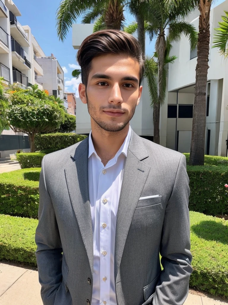 22-year-old Brazilian man in a suit with his hand in his pocket, short hair without beard, no quarto selfie 🤳🏽 realista, and great quality