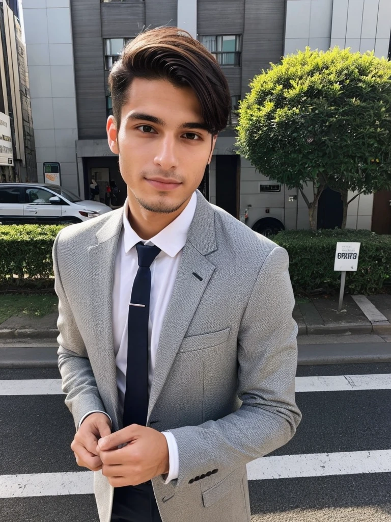 22-year-old Brazilian man in a suit with his hand in his pocket, short hair without beard, no quarto selfie 🤳🏽 realista, and great quality