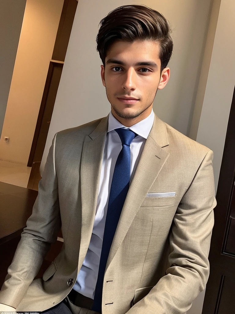 22-year-old Brazilian man in a suit with his hand in his pocket, short hair without beard, no quarto selfie 🤳🏽 realista, and great quality