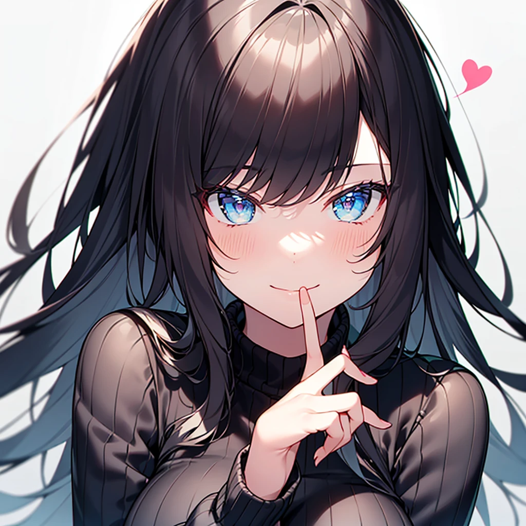 finger to mouth, ((masterpiece, best quality, ultra detailed face)) 1 girl, cute, beautiful, perfect fingers, smile, black hair, long hair, portrait, heart, white background, sweater,