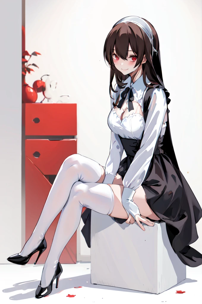 -SpiderApple, 1girl, solo, white thighhighs, thighhighs, white footwear, sitting, red eyes, white background, high heels, dress, looking at viewer, smile, full body, bangs, brown hair, simple background, long sleeves, black dress, crossed legs, long hair, blush, hairband, closed mouth, hair between eyes, white hairband, nun, collared dress, thighs