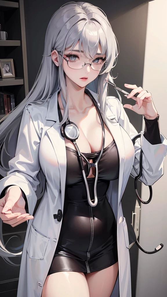 (Top resolution、Distinct_image)top-quality、A woman、masterpiece、highly detailed, half body, Semi-realistic、grey eyes 、26year old, silver hair,young 、Exquisite facial features、Facial features ,variation potrait, long hairstyles, age, cool , cold sharp eyes , {Very detailed 8k CG unit wallpaper}, Elagent, gorgeous
Mommy type , plump body curves, big breasts, perfect body (doctor_, lab coat, stethoscope, doctor), sexy, clinic, glasses