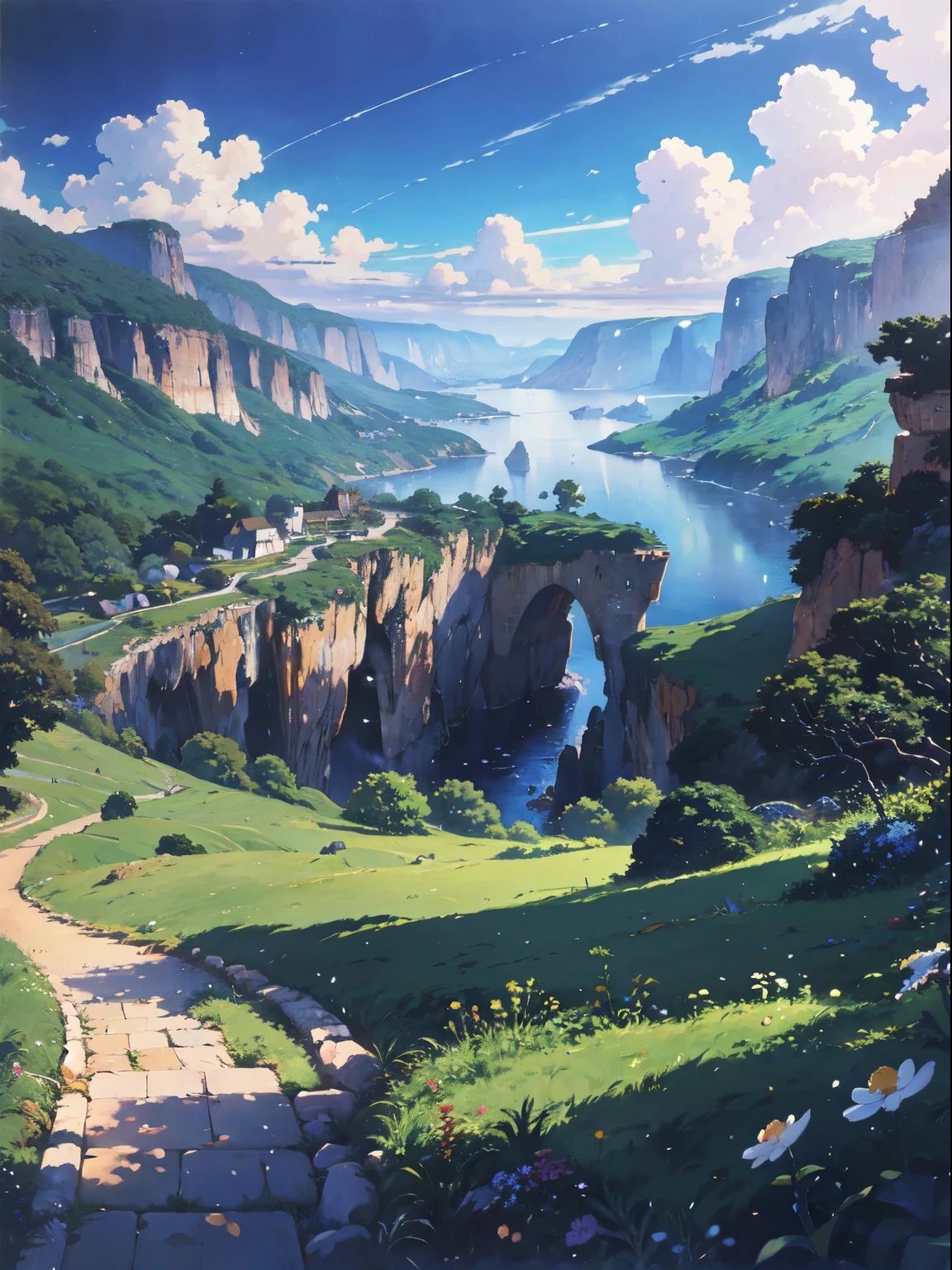 Practical, for real, Beautiful and stunning landscape oil painting Hayao Miyazaki Studio Ghibli&#39;Petal grassland with blue sky and white clouds--v6