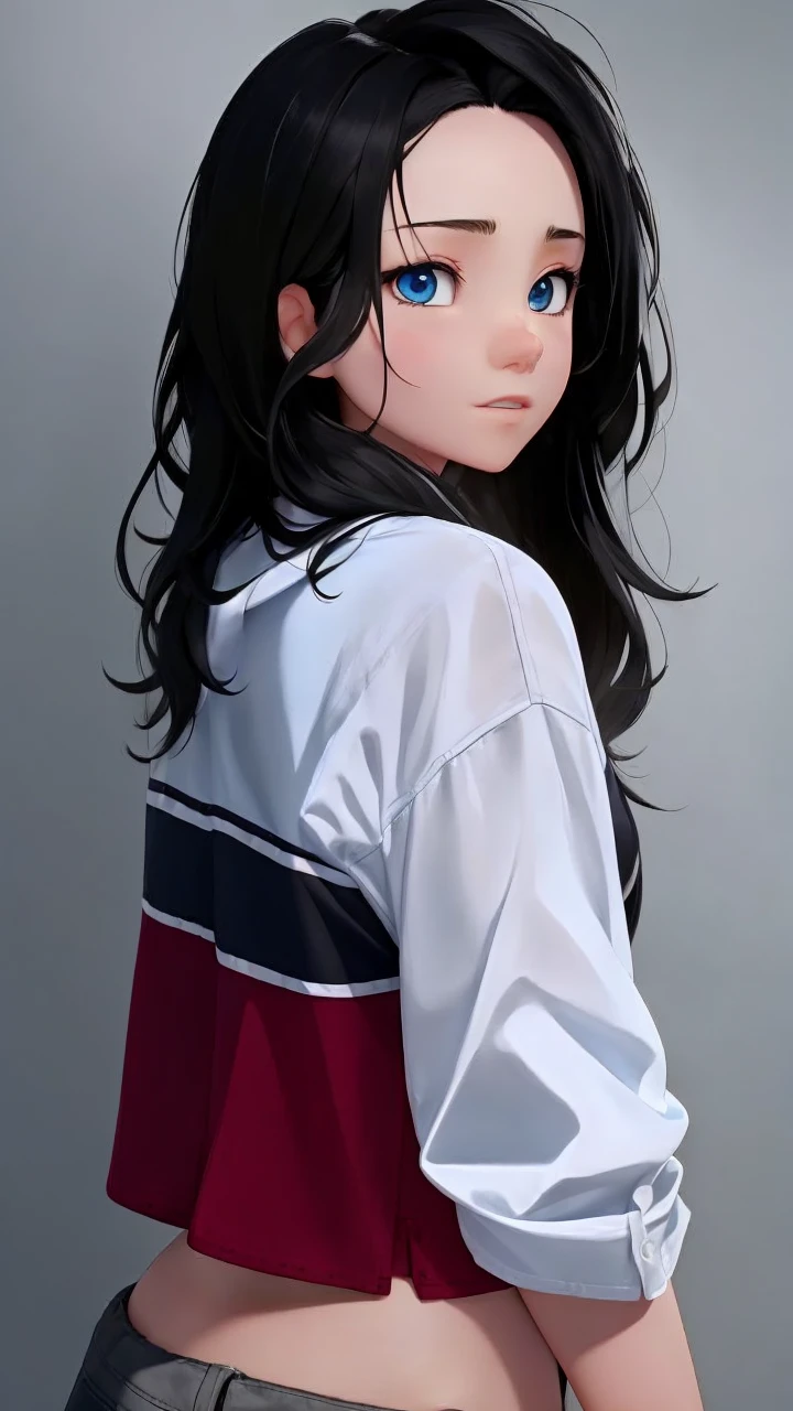 girl, black hair, blue eyes, white sleeve shirt