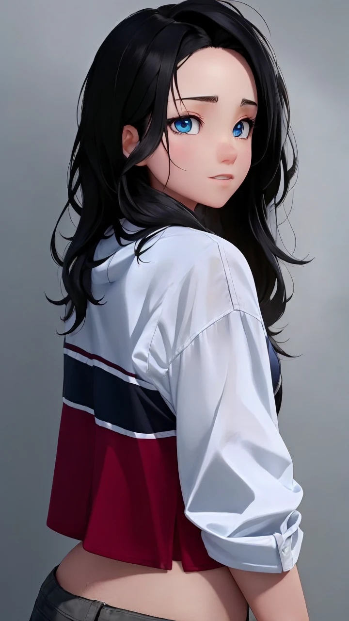 girl, black hair, blue eyes, white sleeve shirt