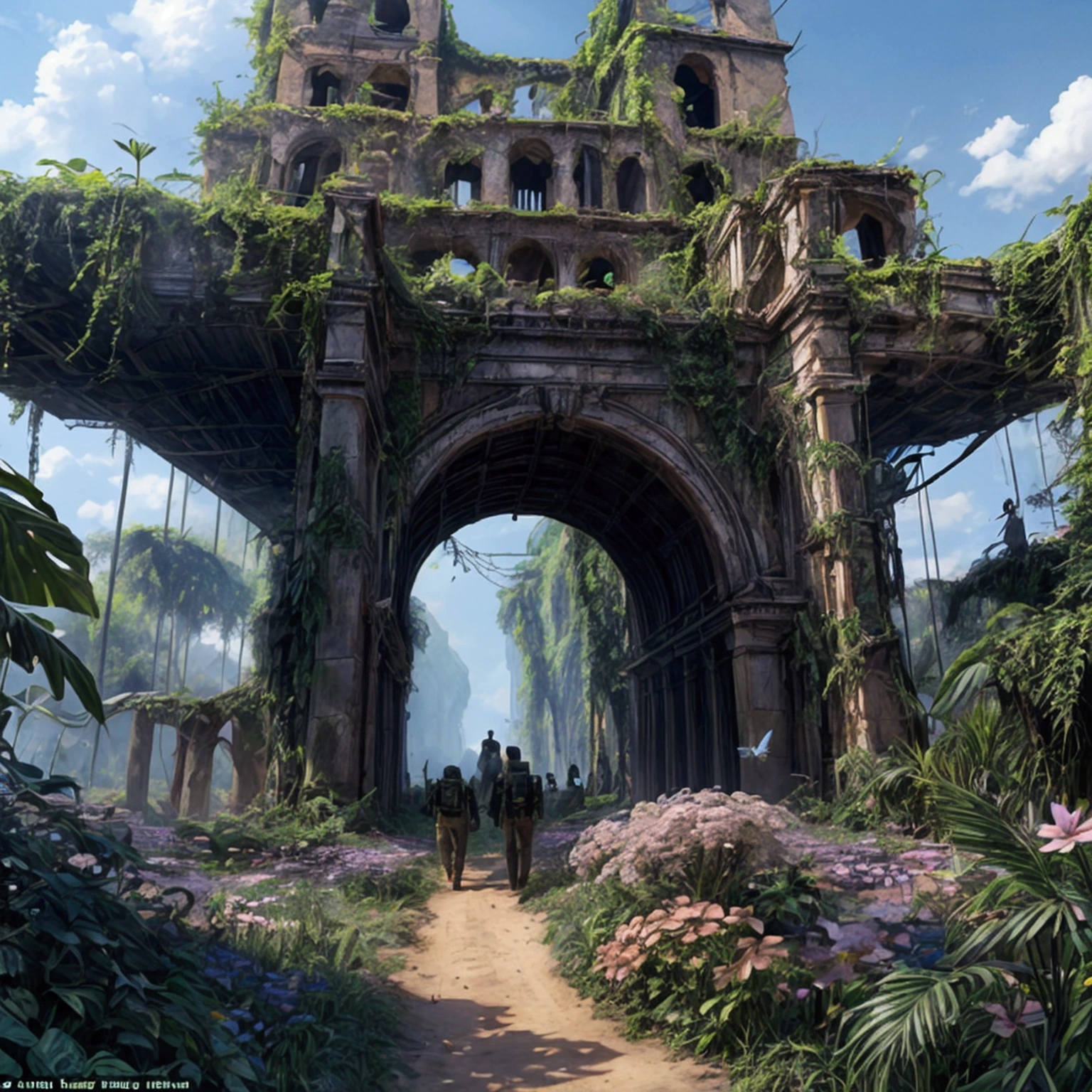 An expedition team is exploring the uncharted jungle, A mysterious land where butterflies flutter and flowers bloom,Several explorers walking in formation,Discover the ruins,
