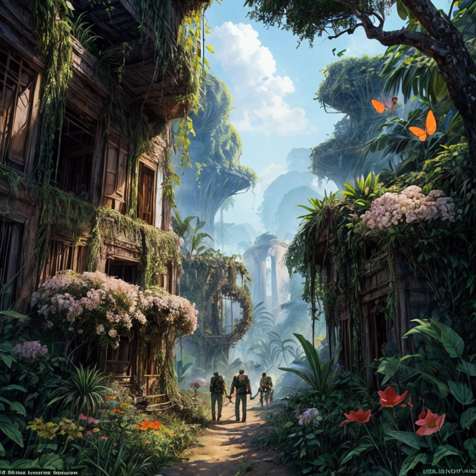 An expedition team is exploring the uncharted jungle, A mysterious land where butterflies flutter and flowers bloom,Several explorers walking in formation,Discover the ruins,
