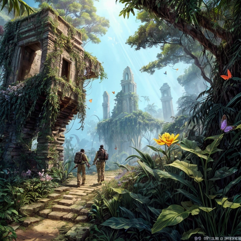An expedition team is exploring the uncharted jungle, A mysterious land where butterflies flutter and flowers bloom,Several explorers walking in formation,Discover the ruins,
