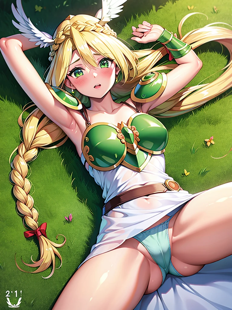 masterpiece,best quality,1girl, 18yo, beautiful girl,BREAK,(Armor:1.5),(Helmet with wings:1.4),(Beautiful blonde,braid,Green Eyes:1.5),BREAK,(White Dress,navel exposed,Green panties visible through the gap in her dress:1.3),BREAK,(blush:1.5), (blue sky:1.2),(Lying on the grass:1.3),(move chart:1.3),(Cover your panties with both hands,Spread your legs:1.5)