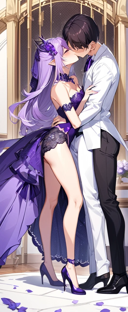 Female character: Purple Dragon Girl,design,Sexually interesting,White and purple lace hollow,Tight fun,Wedding high heels,front,kiss,beautiful girl