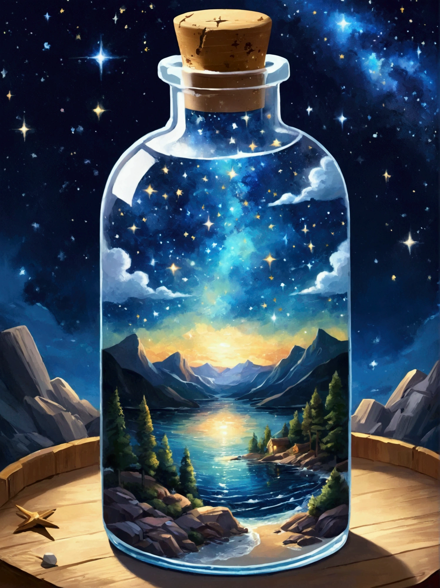 1 pzsj1, masterpiece，Highest quality，(A very delicate and beautiful starry sky scene trapped in a bottle), World Masterpiece Theatre, High Resolution Isometric, Highest quality, figure, Thick Coating, canvas, Painting, realism, realism