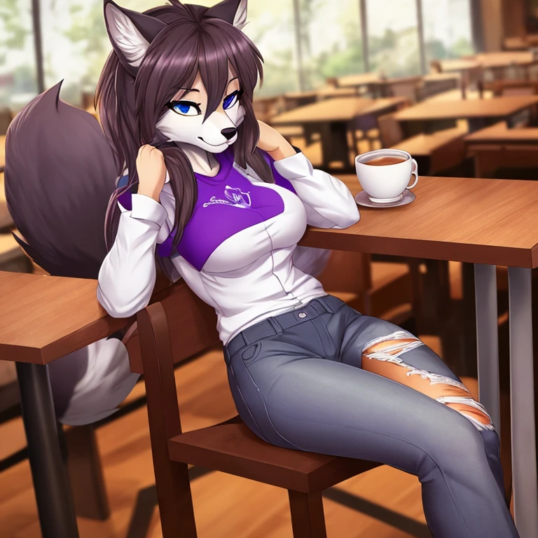 Masterpiece, best quality, high quality, One furry anthro girl, Grey wolf anthro, Grey fur, Brown eyes, beautiful eyes, wears purple shirt and blue farmer jeans, in the cafe, sit on the chair, in front of the table, a cup of coffee on the table