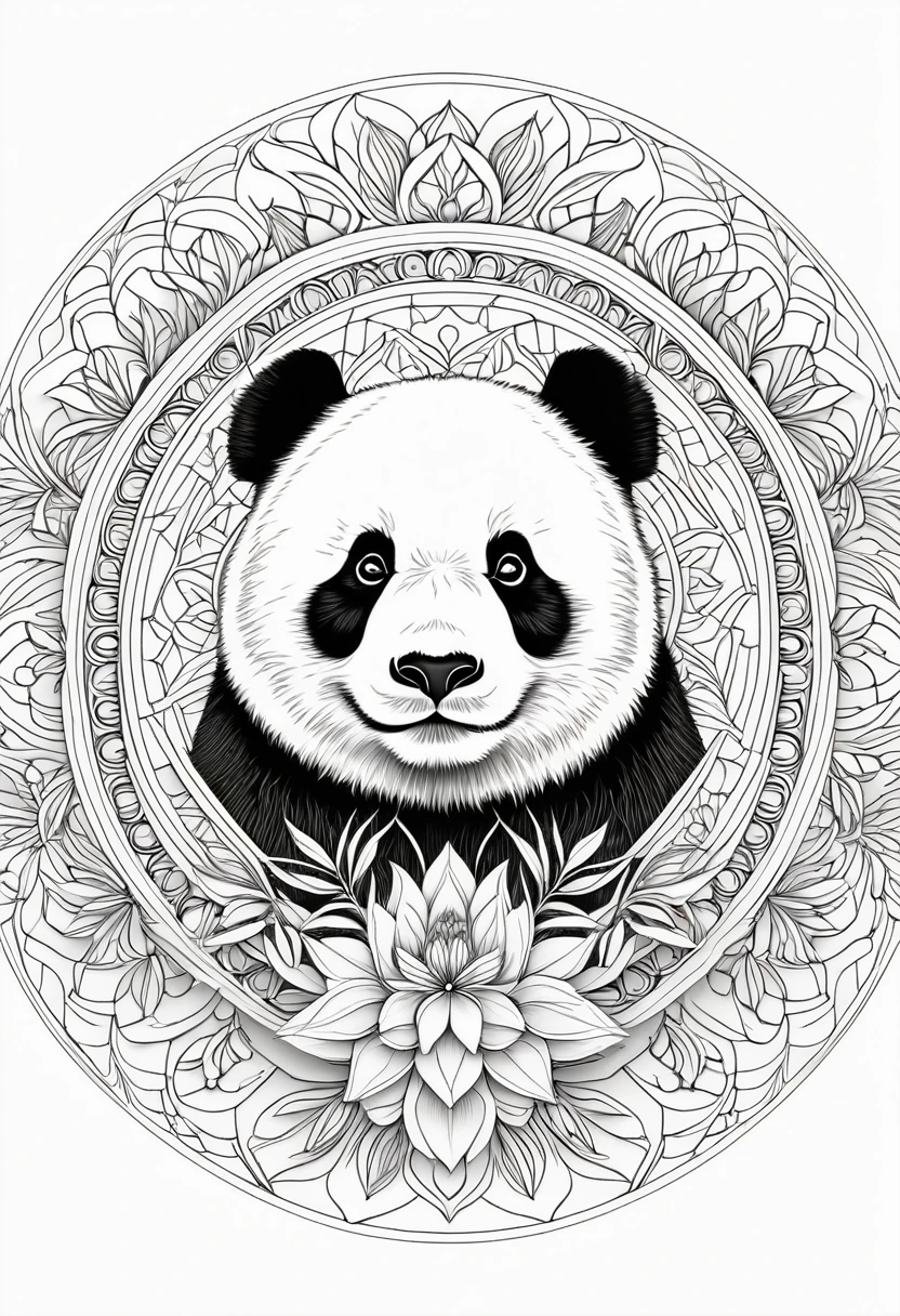A striking black and white line art coloring page designed for adults with white background, featuring a majestic Giant Panda in a mandala-inspired style. The Giant Panda is adorned with intricate patterns that include floral and geometric designs, making it an engaging and detailed work of art. The illustration focuses on crisp, clean lines and bold outlines, without any shading or color, allowing the user to bring their own vibrancy to the piece. The minimalistic design, with its thick lines and absence of background details, creates a soothing coloring experience for adults seeking calming and creative activities. illustration