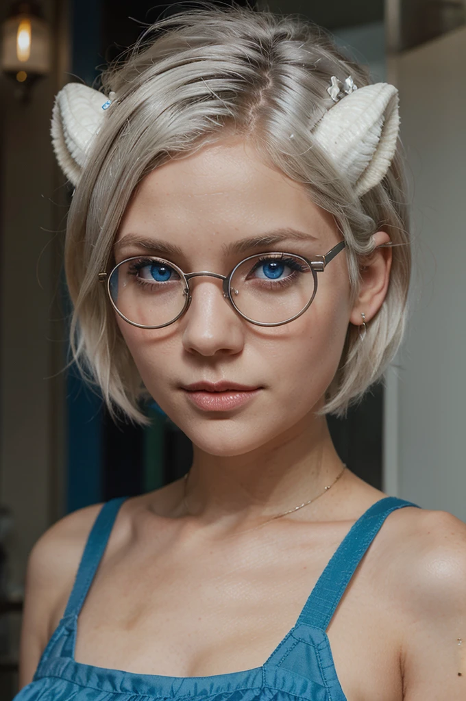 beautiful girl with short white hair with small goat horns and crystal blue eyes and wears round glasses, her hair is slightly wavy, wears a blue dress