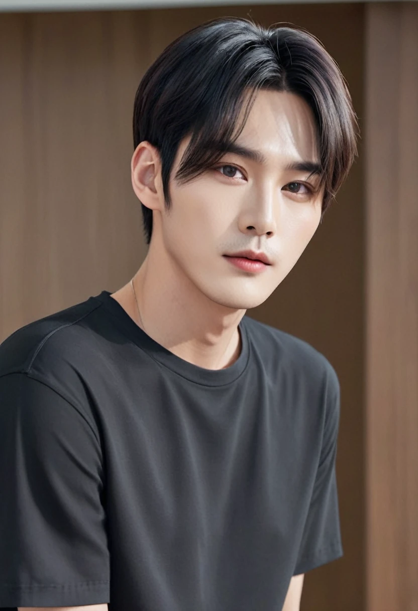 Close up of man wearing black shirt and black shirt, Lee Won Bin, Cute and lovely Korean face, a amazing man,black short hair, Inspired by Myungguk Kim, amazing face, Doyoung Kim, amazing male, amazing man, Jinyoung Shin, amazing attractive face, amazing, A work inspired by Byeon Sang-byeok, Korean Men