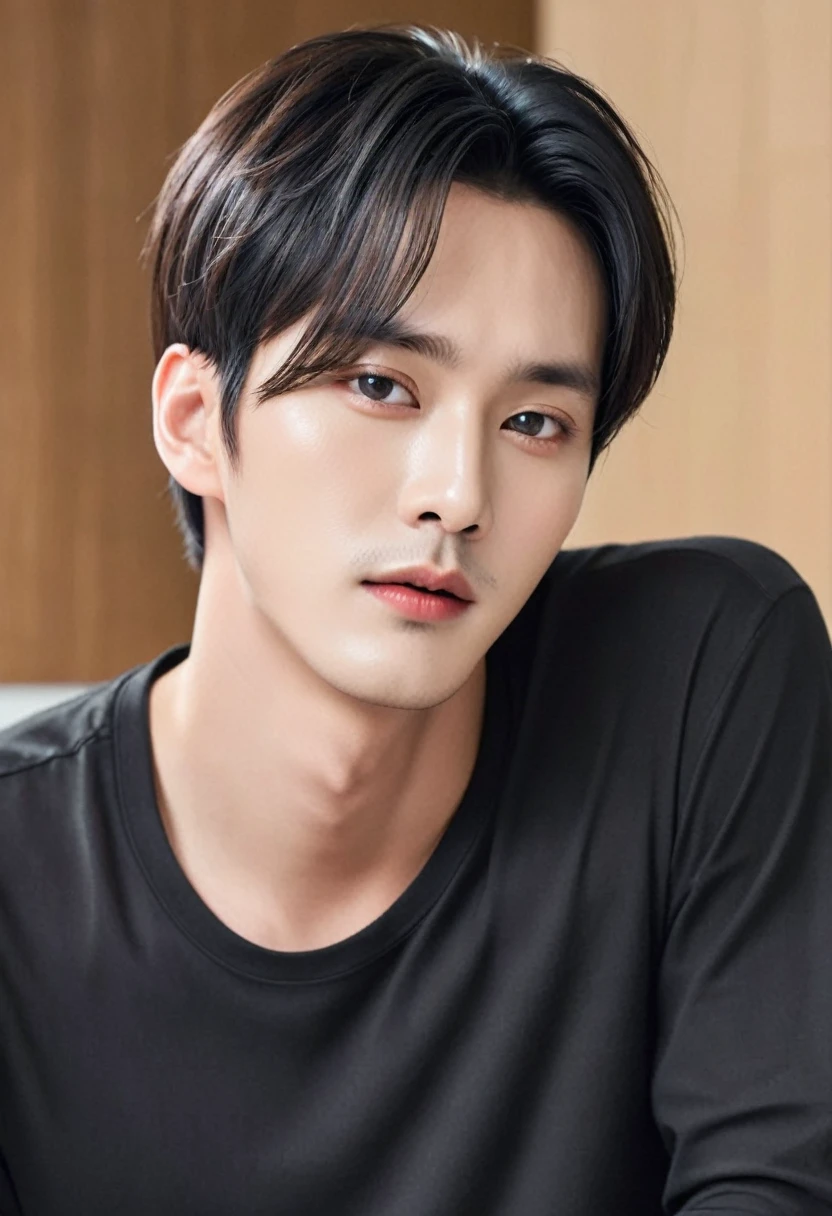 Close up of man wearing black shirt and black shirt, Lee Won Bin, Cute and lovely Korean face, a amazing man,black short hair, Inspired by Myungguk Kim, amazing face, Doyoung Kim, amazing male, amazing man, Jinyoung Shin, amazing attractive face, amazing, A work inspired by Byeon Sang-byeok, Korean Men