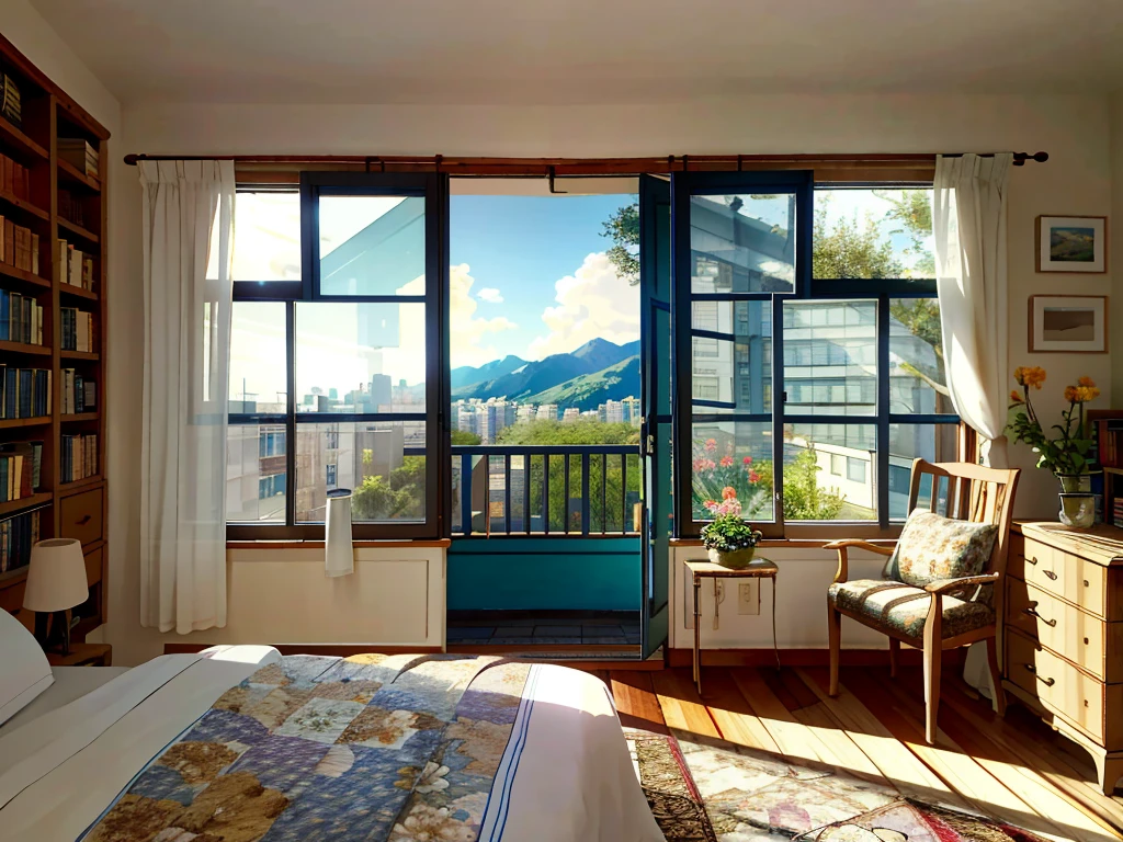 8K picture quality,Best quality,masterpiece,HD,Super rich detail,detailed,Comfortable bedroom,Large Windows,Floor-to-ceiling windows,big bed,There are pillows on the bed,Quilt,Essas roupas,notebook,There is a cabinet next to it,There are bookcases,There is a table,There are chairs,There are flowers,There is a wardrobe,There is carpet and it is generally comfortable,extremely clean,very useful,Large Windows,Outside the window is a landscape view,The scenery,There are various other flowers,and vegetable garden,There are a variety of vegetables inside,超HD真实感,Live photos,The overall color is mainly blue-green,Strong realism