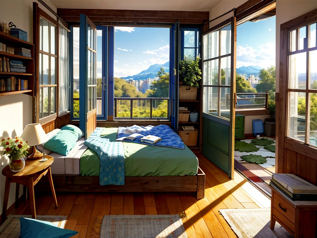 8K picture quality,Best quality,masterpiece,HD,Super rich detail,detailed,Comfortable bedroom,Large Windows,Floor-to-ceiling windows,big bed,There are pillows on the bed,Quilt,Essas roupas,notebook,There is a cabinet next to it,There are bookcases,There is a table,There are chairs,There are flowers,There is a wardrobe,There is carpet and it is generally comfortable,extremely clean,very useful,Large Windows,Outside the window is a landscape view,The scenery,There are various other flowers,and vegetable garden,There are a variety of vegetables inside,超HD真实感,Live photos,The overall color is mainly blue-green,Strong realism