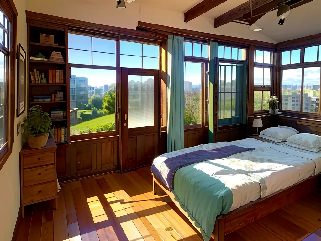 8K picture quality,Best quality,masterpiece,HD,Super rich detail,detailed,Comfortable bedroom,Large Windows,Floor-to-ceiling windows,big bed,There are pillows on the bed,Quilt,Essas roupas,notebook,There is a cabinet next to it,There are bookcases,There is a table,There are chairs,There are flowers,There is a wardrobe,There is carpet and it is generally comfortable,extremely clean,very useful,Large Windows,Outside the window is a landscape view,The scenery,There are various other flowers,and vegetable garden,There are a variety of vegetables inside,超HD真实感,Live photos,The overall color is mainly blue-green,Strong realism