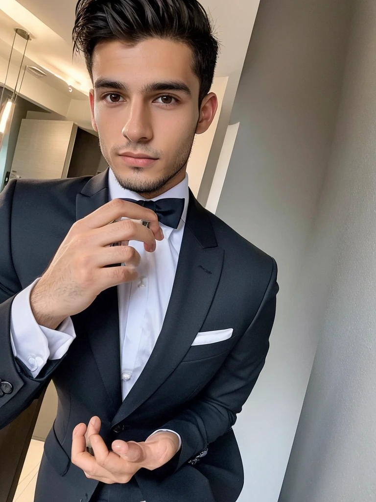 22-year-old Brazilian man in a suit with his hand in his pocket, short hair without beard, no quarto selfie 🤳🏽 realista, and great quality