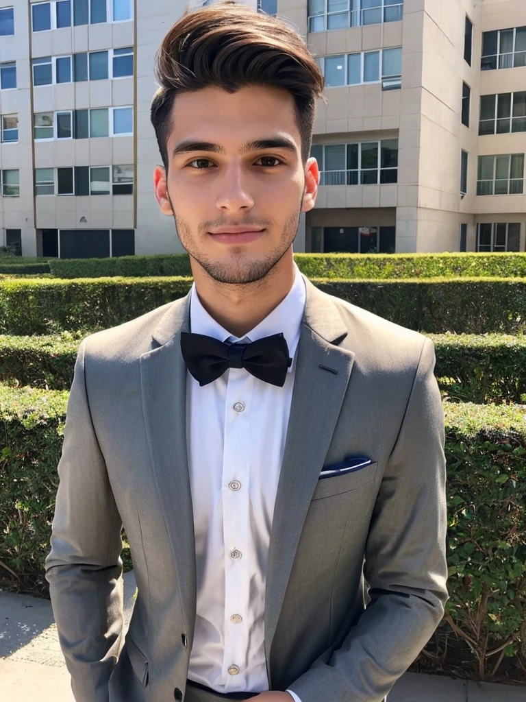 22-year-old Brazilian man in a suit with his hand in his pocket, short hair without beard, no quarto selfie 🤳🏽 realista, and great quality
