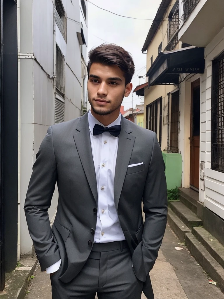 22-year-old Brazilian man in a suit with his hand in his pocket, short hair without beard, no quarto selfie 🤳🏽 realista, and great quality 