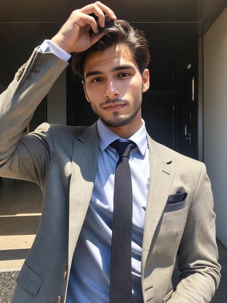 22-year-old Brazilian man in a suit with his hand in his pocket, short hair without beard, no quarto selfie 🤳🏽 realista, and great quality