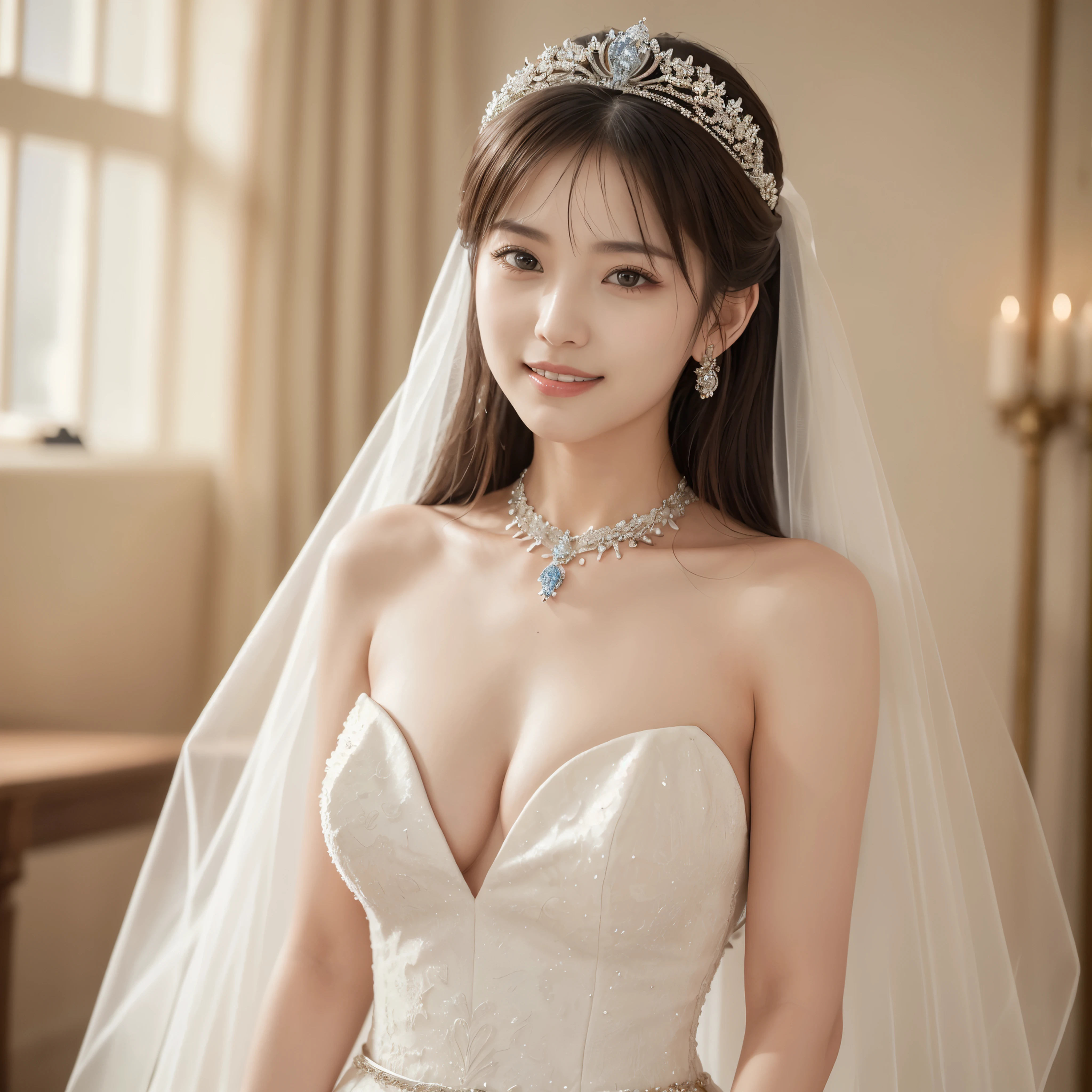 (((masterpiece:1.8))),(Tabletop,Highest quality,32K,8k,Extremely fine and exquisite detail,The most complex and detailed textures,Ultra-high resolution),(Princess in a pure white wedding dress:1.1),(The most gorgeous and luxurious pure white princess wedding dress:1.2),(Perfect Highest quality pure white wedding lace:1.1),(The most luxurious and highest quality giant tiara:1.2),(The ultimate tiara with a huge jewel:1.1),(Huge Jewelry Top End Necklace:1.1),(The most luxurious and highest quality giant necklace:1.2),(The most luxurious pure white wedding dress with lots of jewellery:1.1),(A gorgeous pure white wedding dress with intricate and beautiful details:1.1),The most luxurious and elegant decoration,Upper body photo,The most luxurious palace wedding,An elegant and modern palace,Luxury palace,Blurred Background,Upper body photo,Beautiful Eyes,Beautiful nose,Beautiful mouth,Beautiful neck,Beautiful clavicle,Beautiful shoulders,smile,The most luxurious palace wedding,Perfect dark makeup,White skin like a white person,Professional Lighting,Beautiful portrait,Your face is brighter