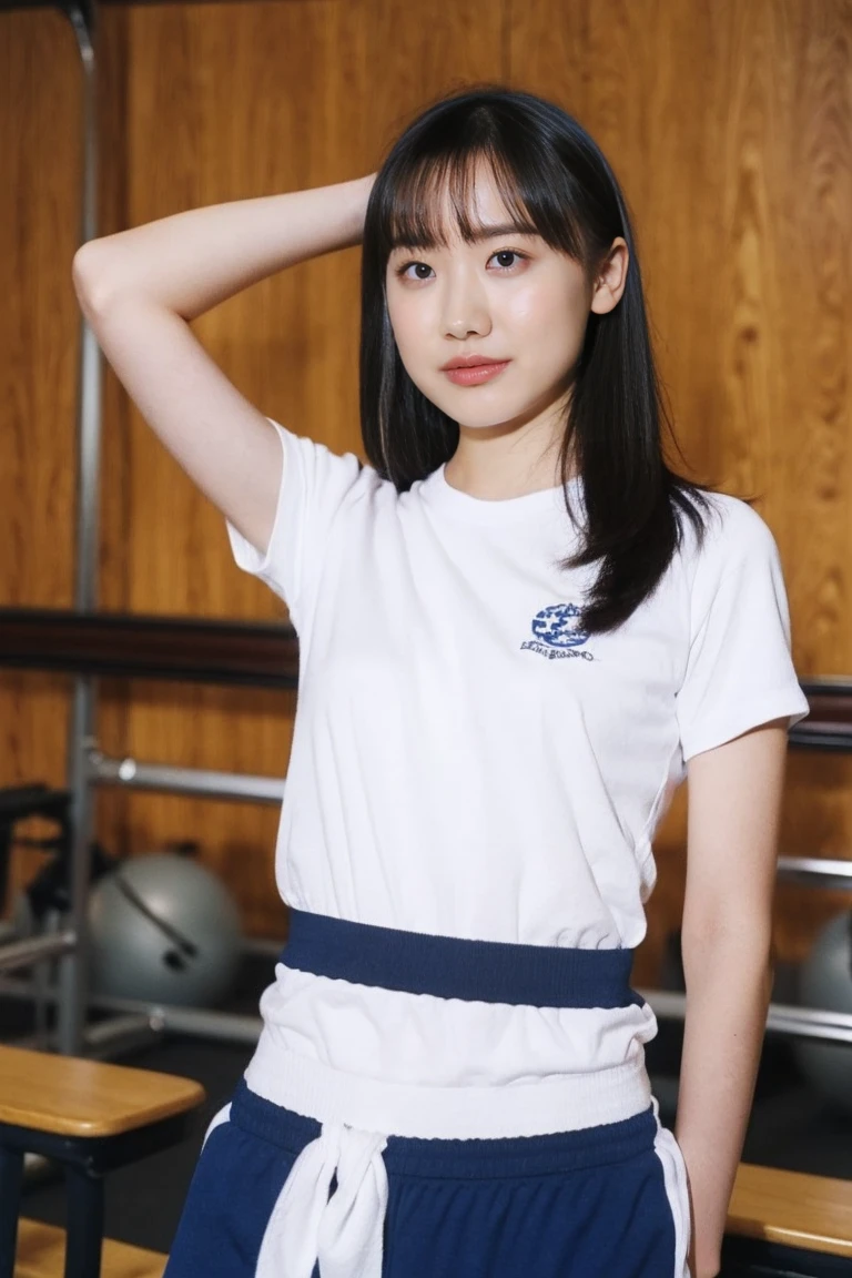 8k、high resolution、masterpiece、realistic、In detail、Fine texture、portrait from head to toe、high contrast、alone、high school girl、natural body shape、white skin、natural makeup、black hair、bangs、straight long hair、((School-specified gym clothes)), ((The upper body is a long, short-sleeved white gym uniform.、The lower body is high leg cut dark blue tight bloomers))、sitting with legs apart、big breasts、、((The upper body is wearing small gym clothes))、((school classroom))、looking at the camera、、full body photo、focus on crotch、thighs exposed、white socks、white shoes