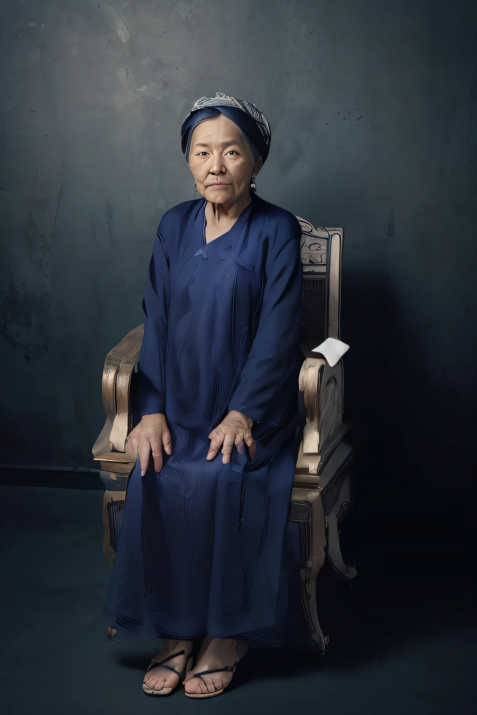 This photo is an image of an elderly woman sitting on a chair. She is wearing a traditional ((black aodai)) and a ((black head scarf)). Her expression looks calm and peaceful. The background dark blue color, creating a sharp contrast with the person in the photo. She is wearing flip-flops and is sitting upright on a chair.