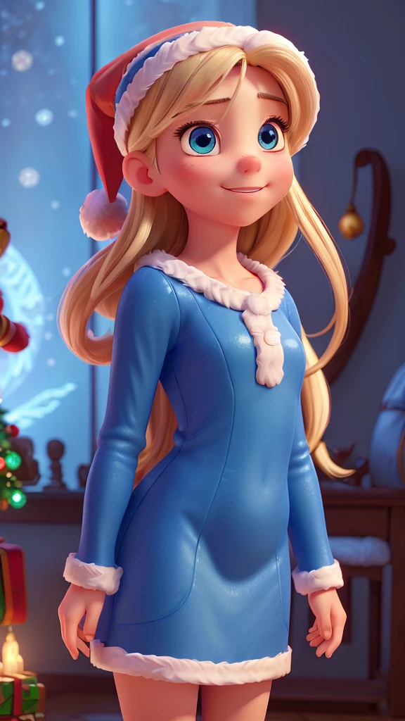masterpiece, best quality, ultra-detailed, illustration,1girl, looking at viewer, best quality,depth of field,(closed mouth,light smile,blue eyes:1.1),beautiful detailed glow , (santa costume:1.3),(hands behind back:1.3),(arms behind back:1.3),blaze (arknights),