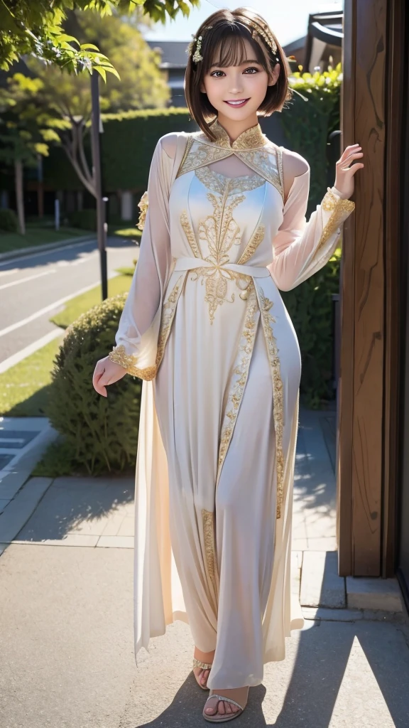 (wide shot), (((full body))), {{{masterpiece}}}, {{{best quality}}}, {{ultra-detailed}}, {illustration}, {{an extremely delicate and beautiful}}, one girl, (((arabinan costume))), 20 years old, japanese girl, smile, short hair, beauty, pretty face, cute face, medium breasts, natural face,