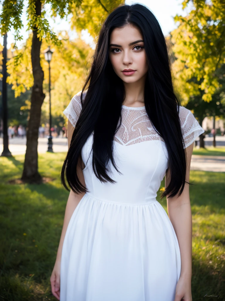 super realistic photography, close-up of a woman in a white dress, standing in the park, female with long black hair, girl with black hair, young woman with long dark hair, anna nikonova, woman with black hair, anastasia ovchinnikova, with black hair, with long black hair, Beautiful black hair, pale skinned Persian girl, Alina Ivanchenko