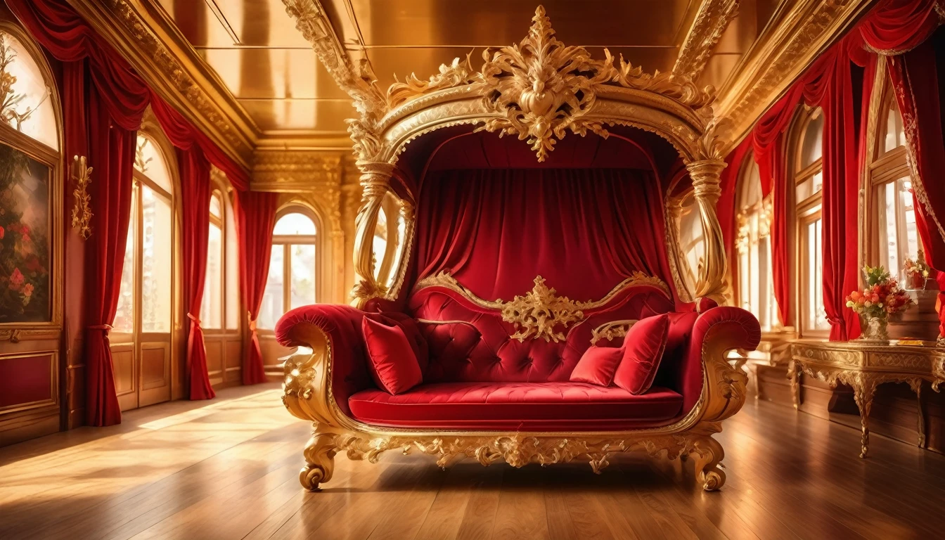 (masterpiece),(highest quality), highres, (extremely detailed), (best lighting) Luxurious carriage interior, compartment, carriage, shining reflective wooden floors, baroque, renaissance, one large opulent crimson sofa with goldleaf armrests in front, small windows with crimson curtains on both sides, wooden panelled walls, golden lamp above, apliques, carved reflective baroque ceiling with floral pattern, crisp image quality, symmetrical environment